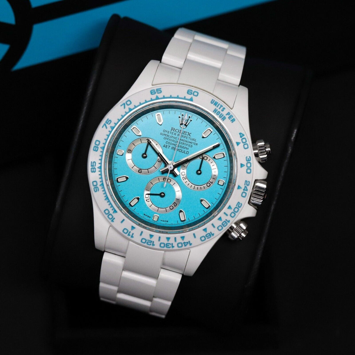 Rolex Ceramic Daytona Abu Dhabi AET Remould 40mm Custom White Blue Limited 1/18