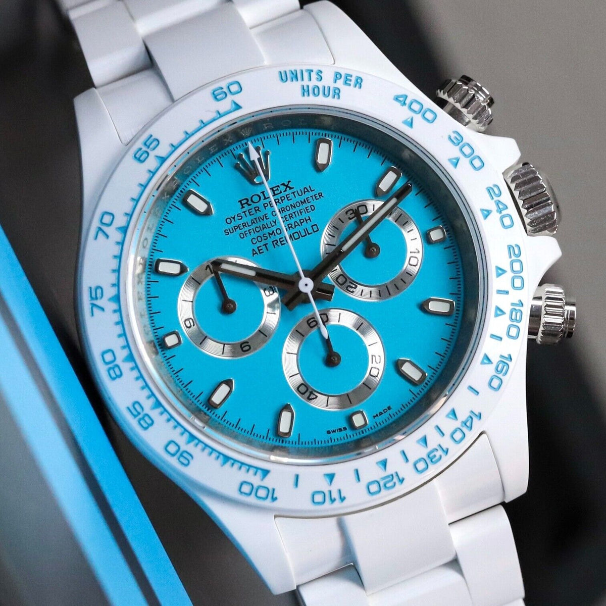 Rolex Ceramic Daytona Abu Dhabi AET Remould 40mm Custom White Blue Limited 1/18