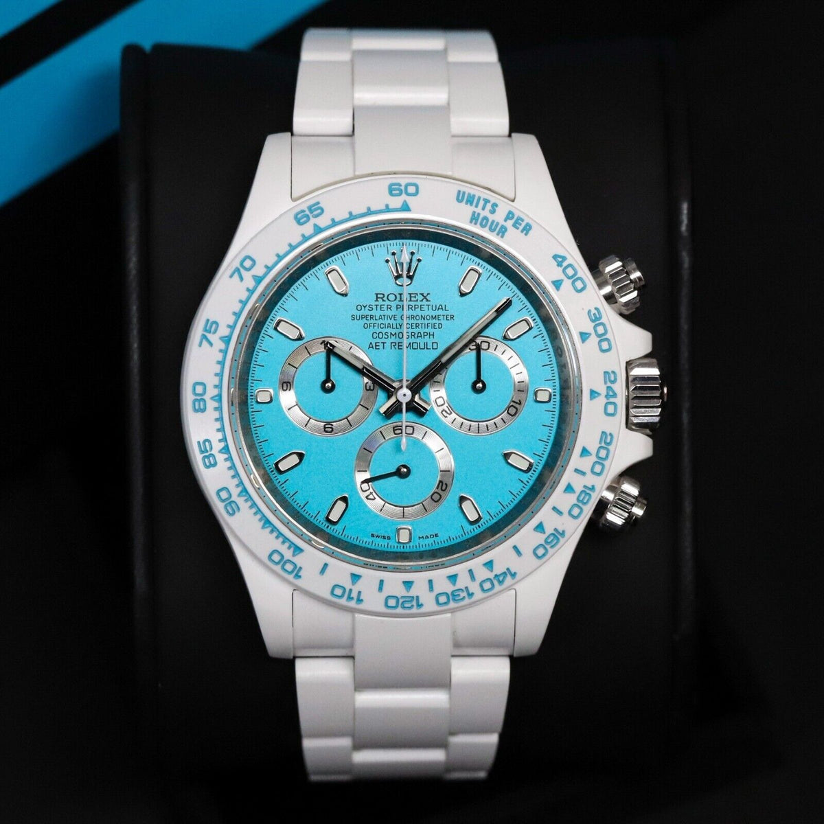 Rolex Ceramic Daytona Abu Dhabi AET Remould 40mm Custom White Blue Limited 1/18