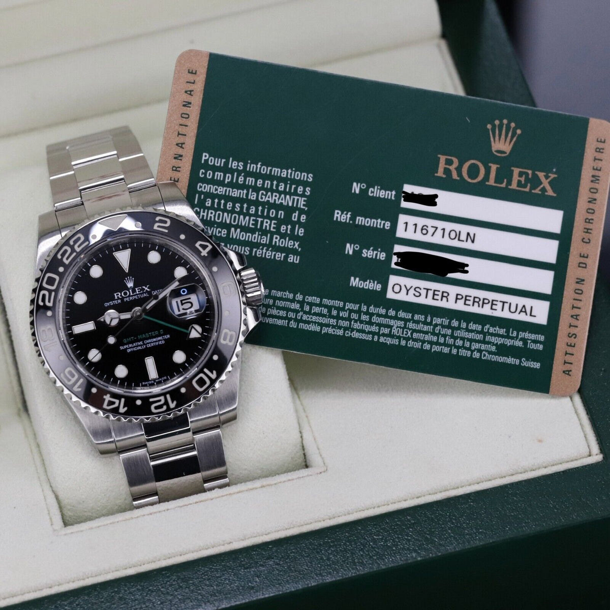 Rolex GMT-Master II Green Arrow Black Bezel Steel Bracelet 116710LN Box & Papers