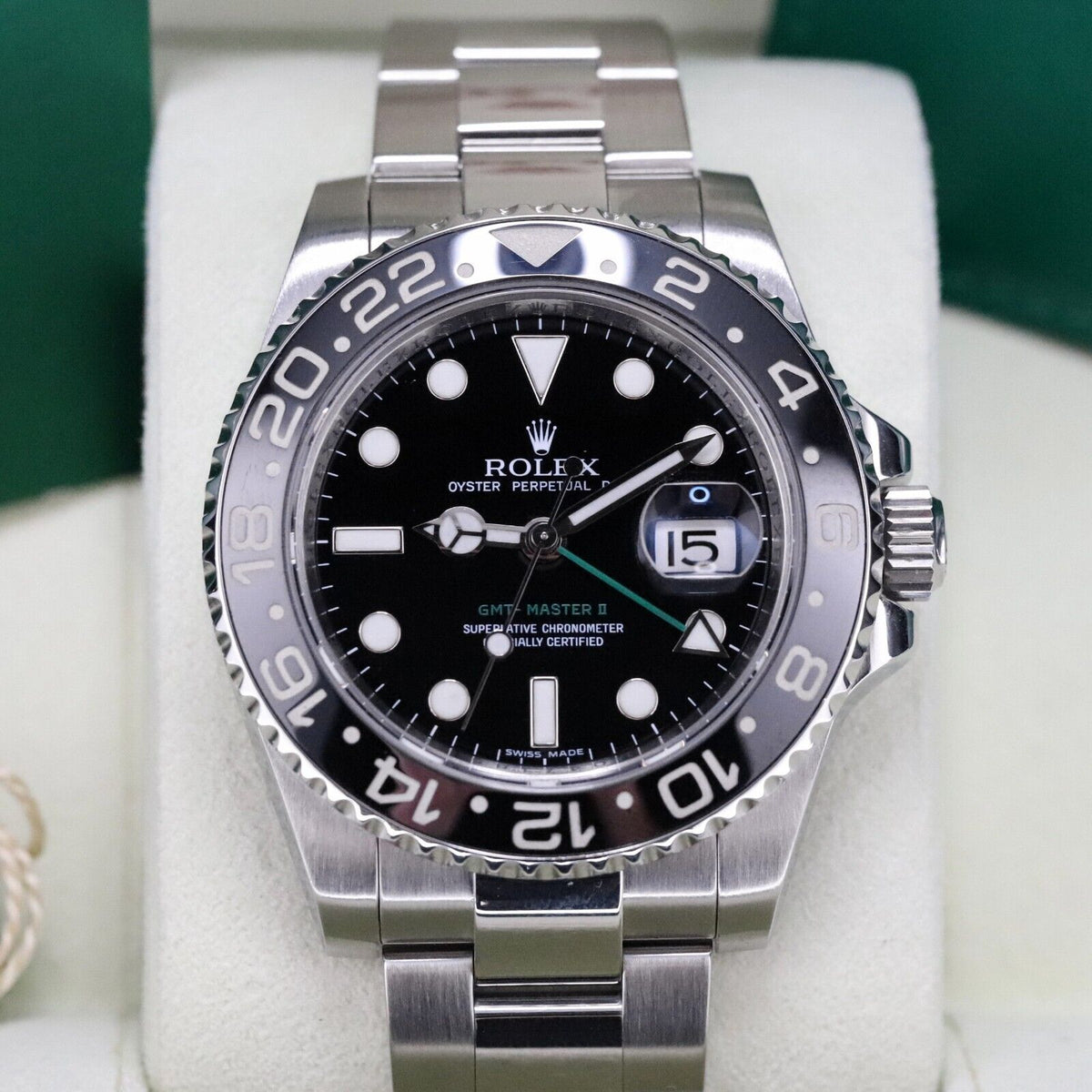 Rolex GMT-Master II Green Arrow Black Bezel Steel Bracelet 116710LN Box & Papers