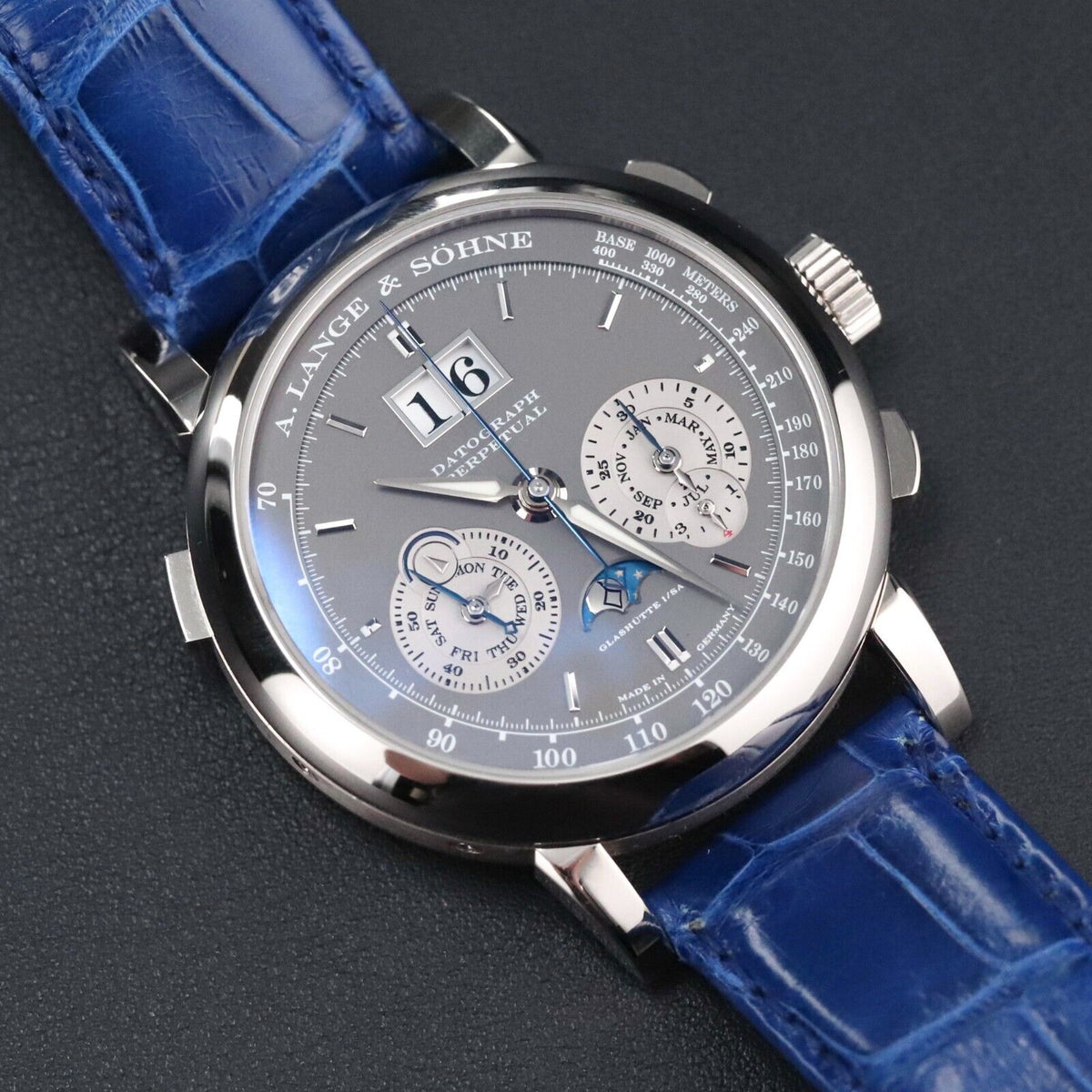 A Lange & Sohne Datograph Perpetual 41mm Platinum Moonphase Blue Date 410.038E