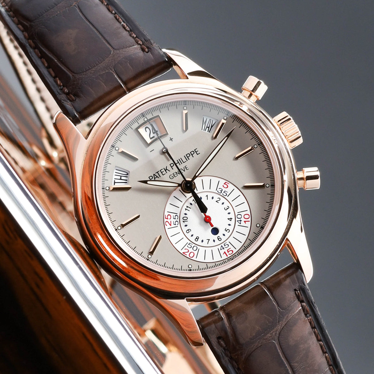 Patek Annual Calendar 2011 Complete 40.5mm 18k Rose Gold Silver White Dial 18k Rose Gold Bezel Brown Alligator Leather Strap 5960R-001