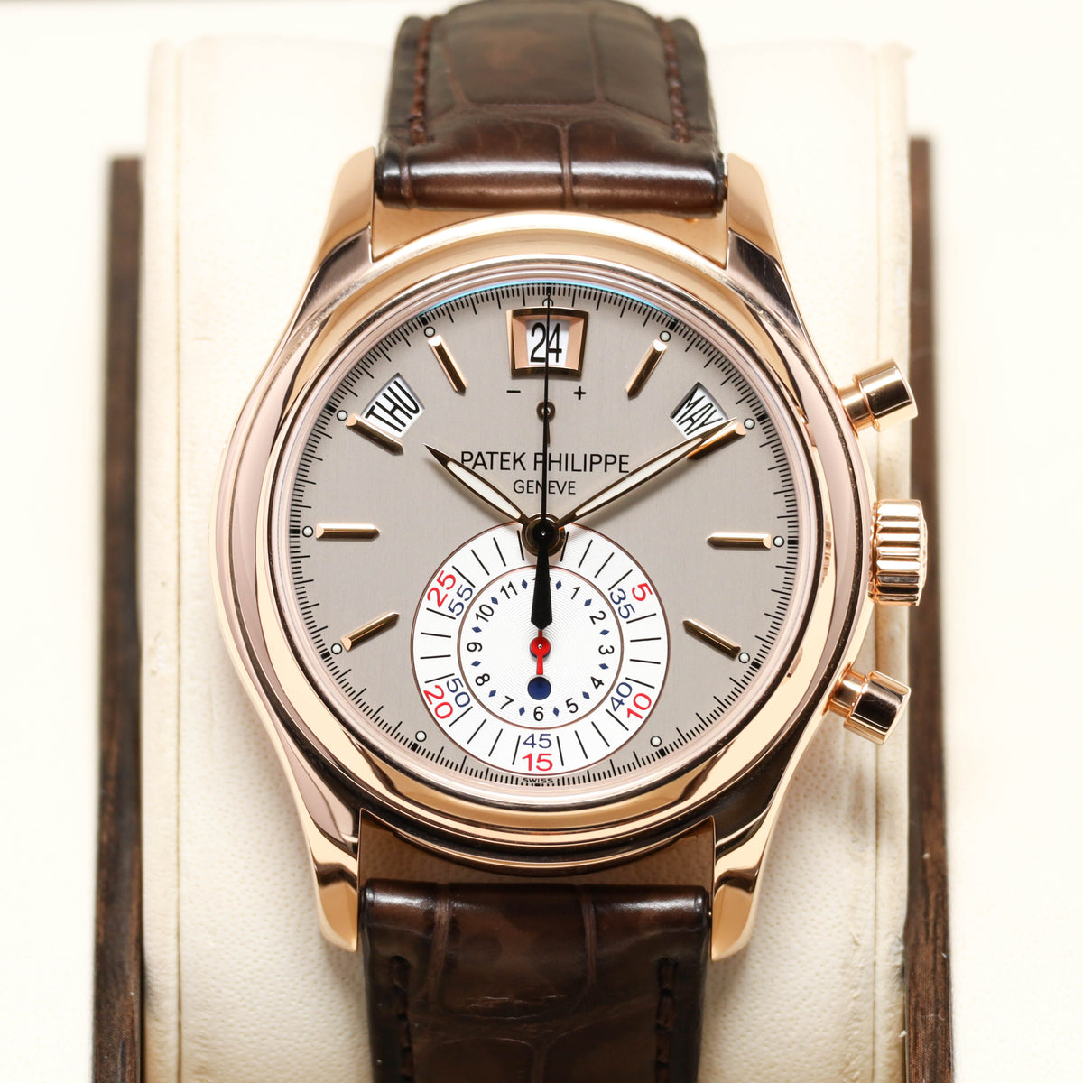Patek Annual Calendar 2011 Complete 40.5mm 18k Rose Gold Silver White Dial 18k Rose Gold Bezel Brown Alligator Leather Strap 5960R-001