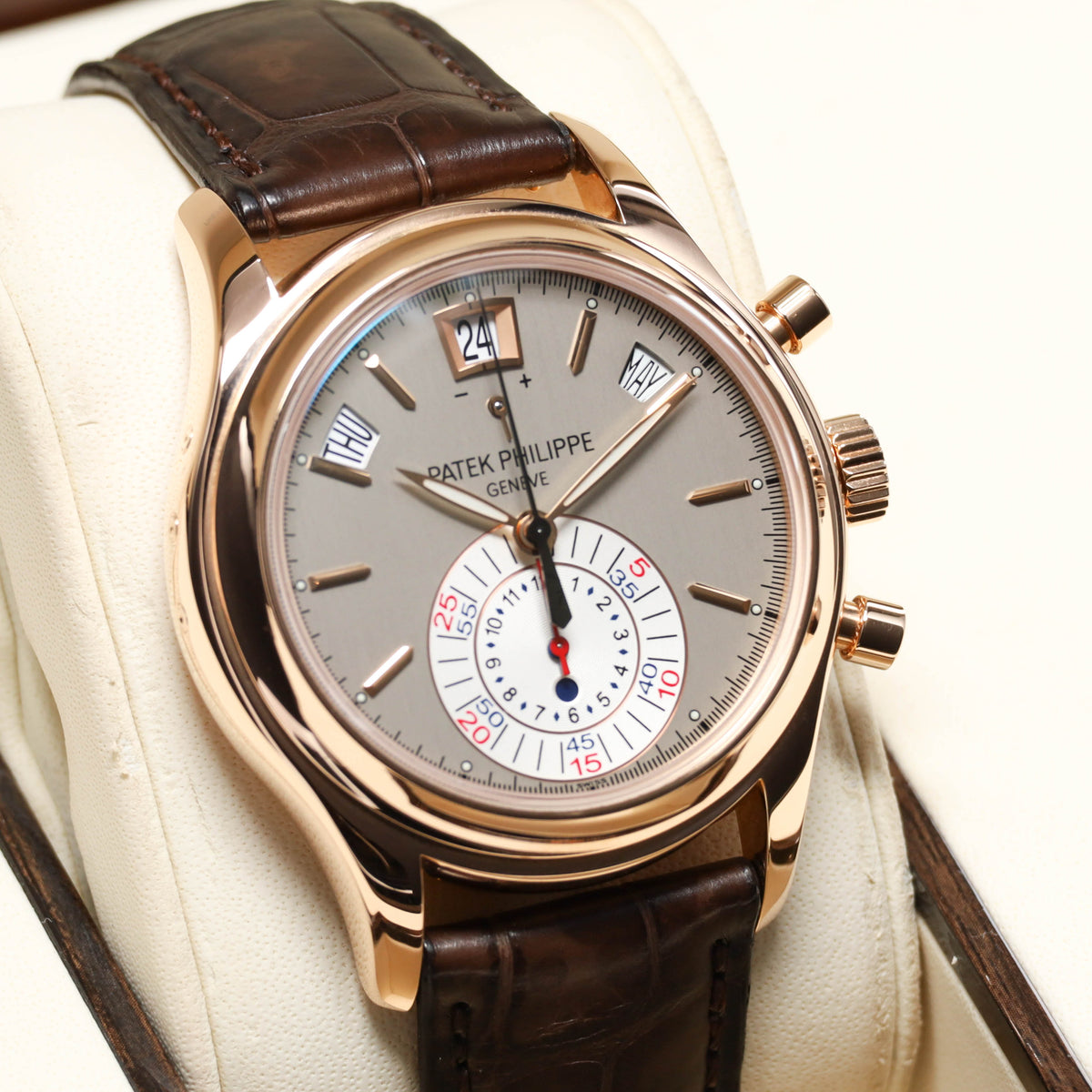 Patek Annual Calendar 2011 Complete 40.5mm 18k Rose Gold Silver White Dial 18k Rose Gold Bezel Brown Alligator Leather Strap 5960R-001