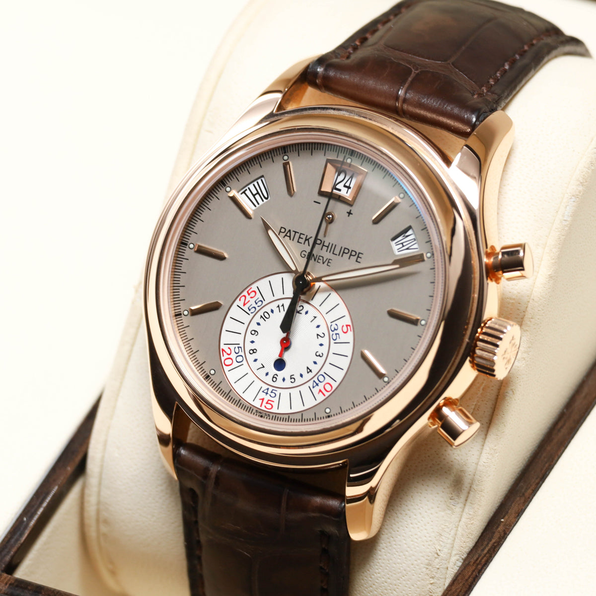 Patek Annual Calendar 2011 Complete 40.5mm 18k Rose Gold Silver White Dial 18k Rose Gold Bezel Brown Alligator Leather Strap 5960R-001