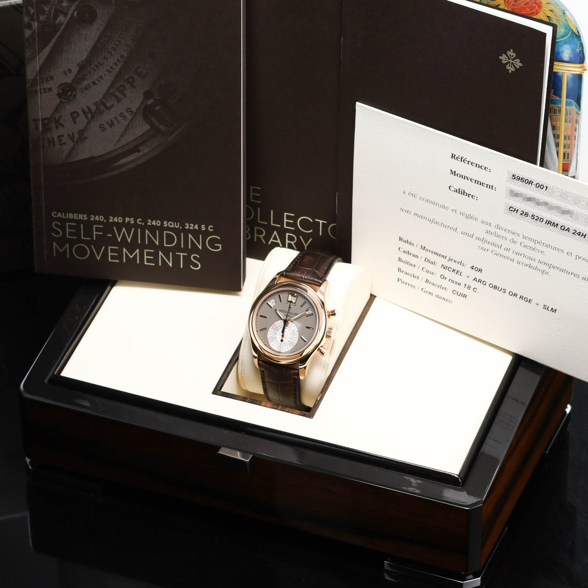 Patek Annual Calendar 2011 Complete 40.5mm 18k Rose Gold Silver White Dial 18k Rose Gold Bezel Brown Alligator Leather Strap 5960R-001