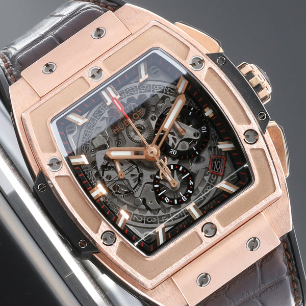 Hublot Spirit of Big Bang 45mm Rose gold Skeleton Dial Gold Fixed Bezel Brown Leather Strap with Rose Gold Folding Clasp 601.OX.0183.LR
