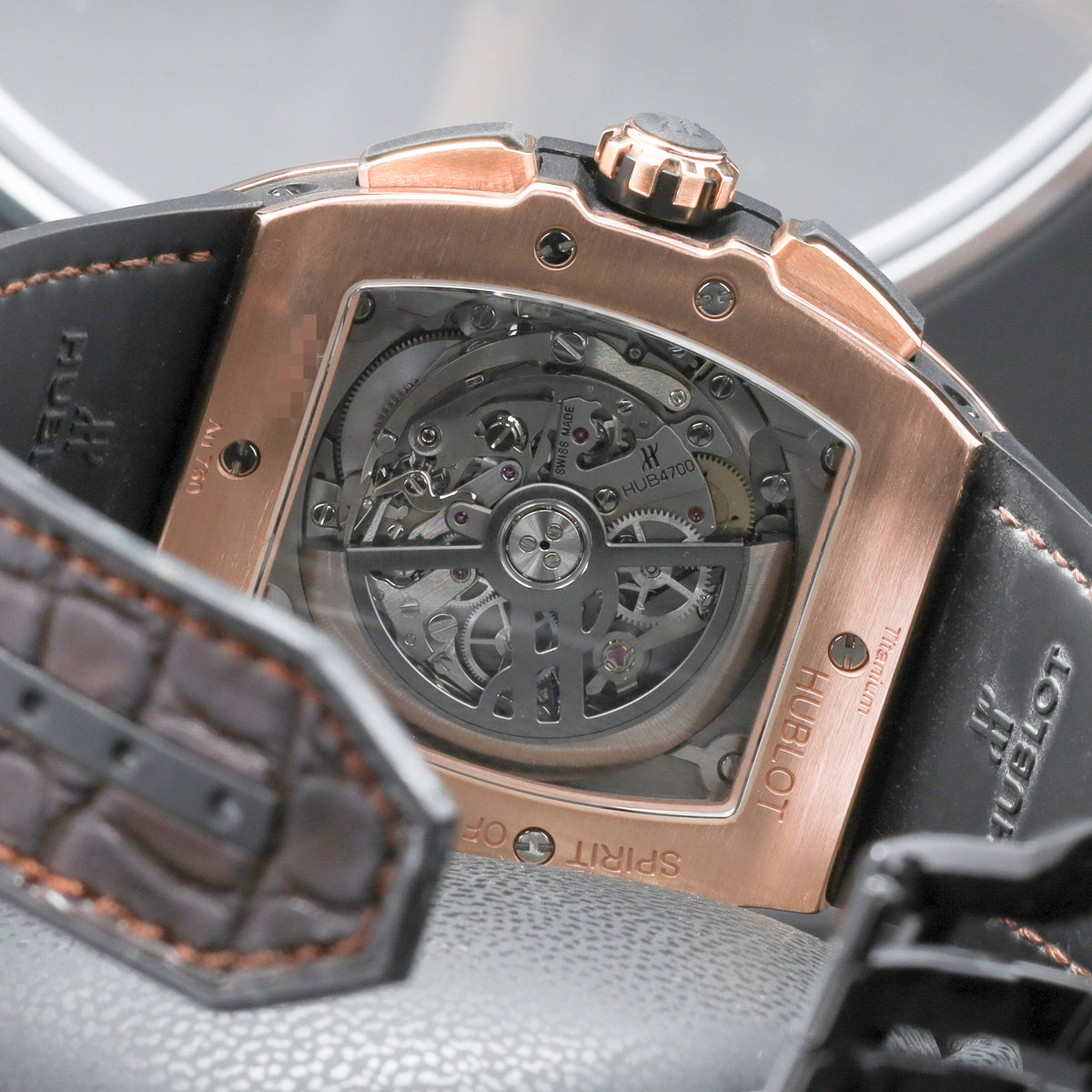 Hublot Spirit of Big Bang 45mm Rose gold Skeleton Dial Gold Fixed Bezel Brown Leather Strap with Rose Gold Folding Clasp 601.OX.0183.LR