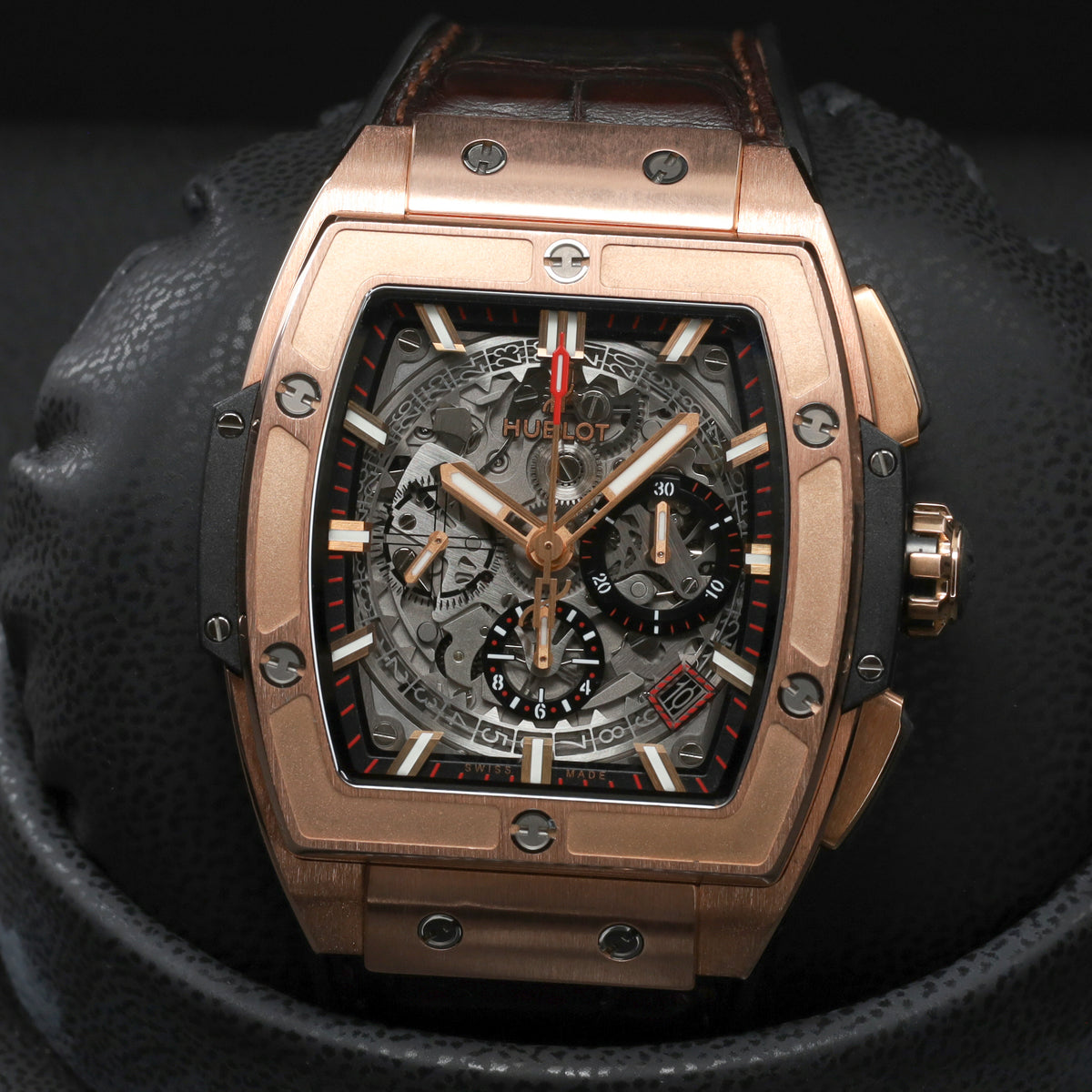 Hublot Spirit of Big Bang 45mm Rose gold Skeleton Dial Gold Fixed Bezel Brown Leather Strap with Rose Gold Folding Clasp 601.OX.0183.LR