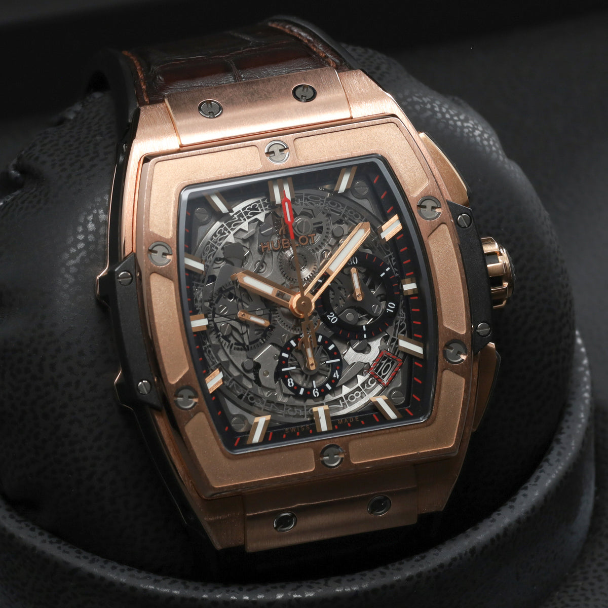 Hublot Spirit of Big Bang 45mm Rose gold Skeleton Dial Gold Fixed Bezel Brown Leather Strap with Rose Gold Folding Clasp 601.OX.0183.LR