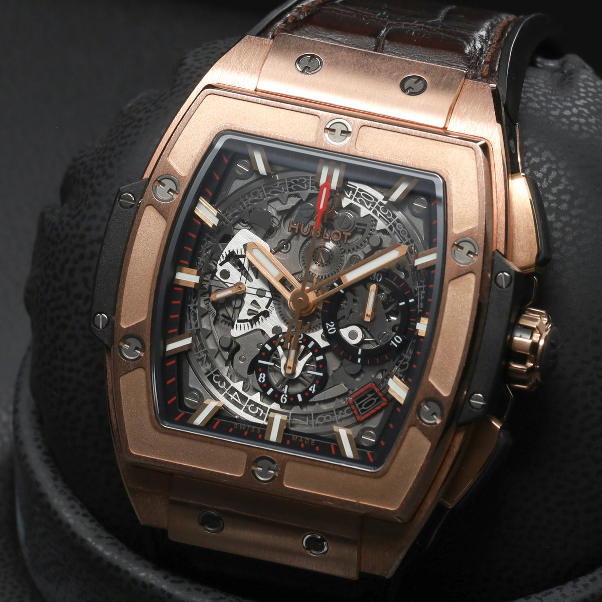 Hublot Spirit of Big Bang 45mm Rose gold Skeleton Dial Gold Fixed Bezel Brown Leather Strap with Rose Gold Folding Clasp 601.OX.0183.LR
