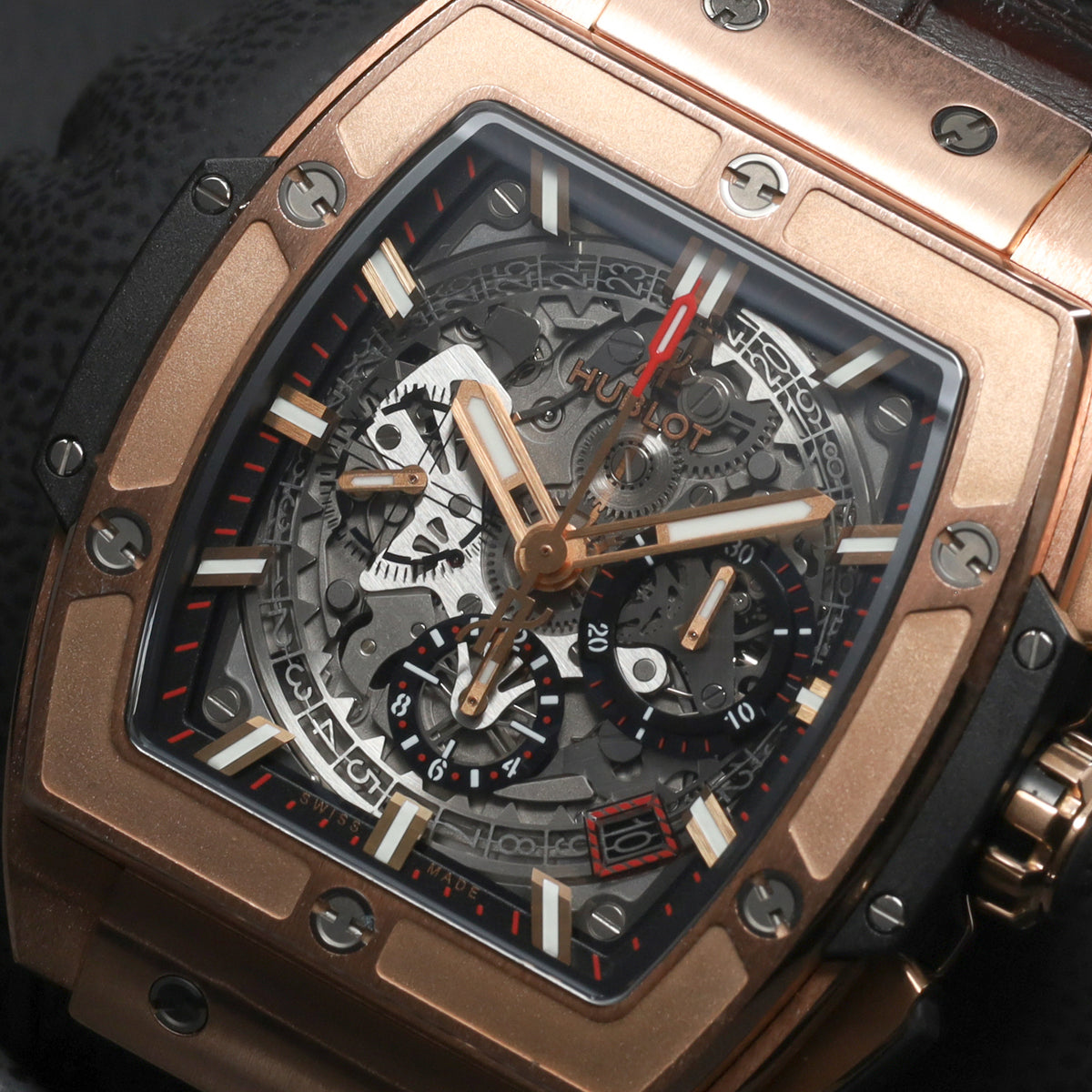Hublot Spirit of Big Bang 45mm Rose gold Skeleton Dial Gold Fixed Bezel Brown Leather Strap with Rose Gold Folding Clasp 601.OX.0183.LR