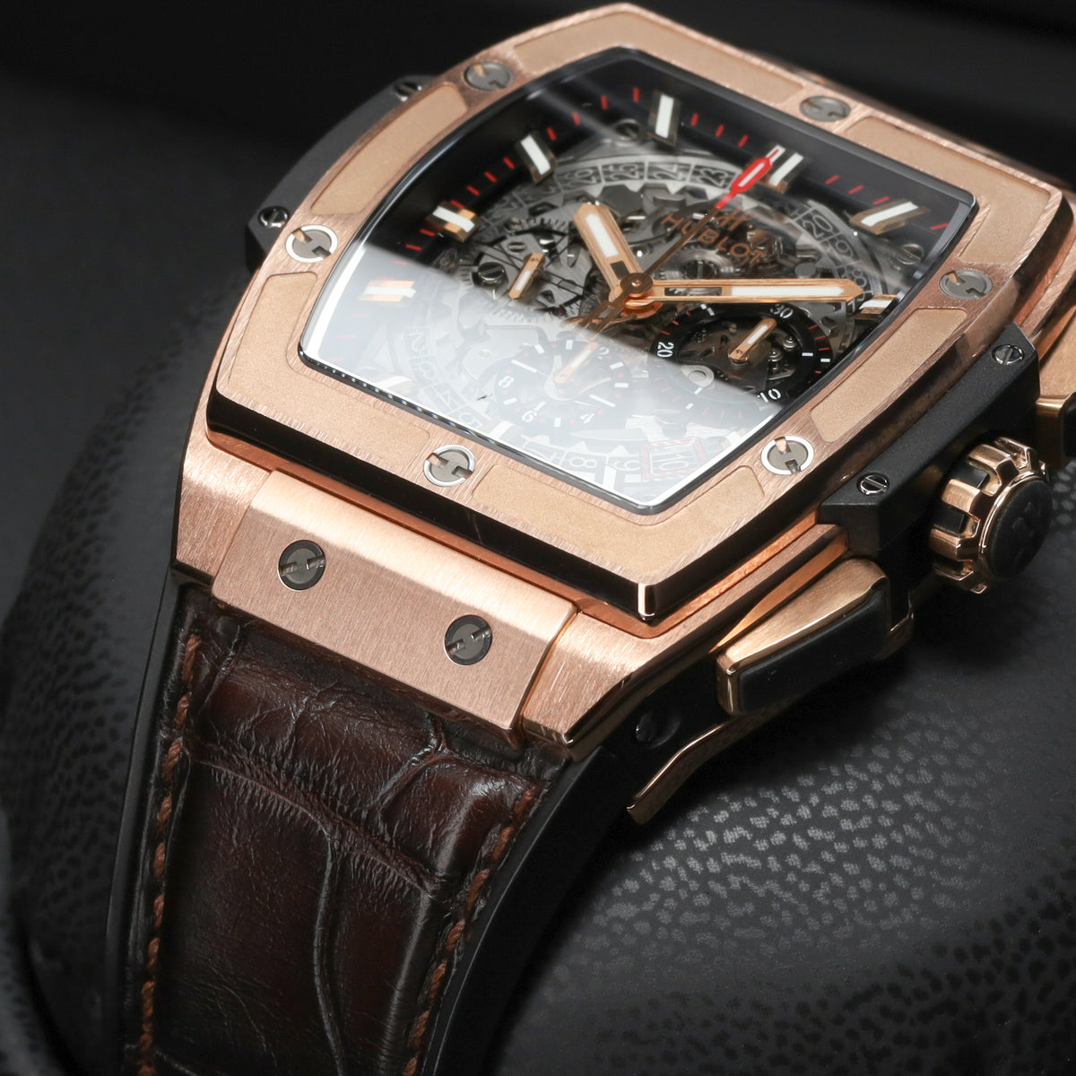 Hublot Spirit of Big Bang 45mm Rose gold Skeleton Dial Gold Fixed Bezel Brown Leather Strap with Rose Gold Folding Clasp 601.OX.0183.LR