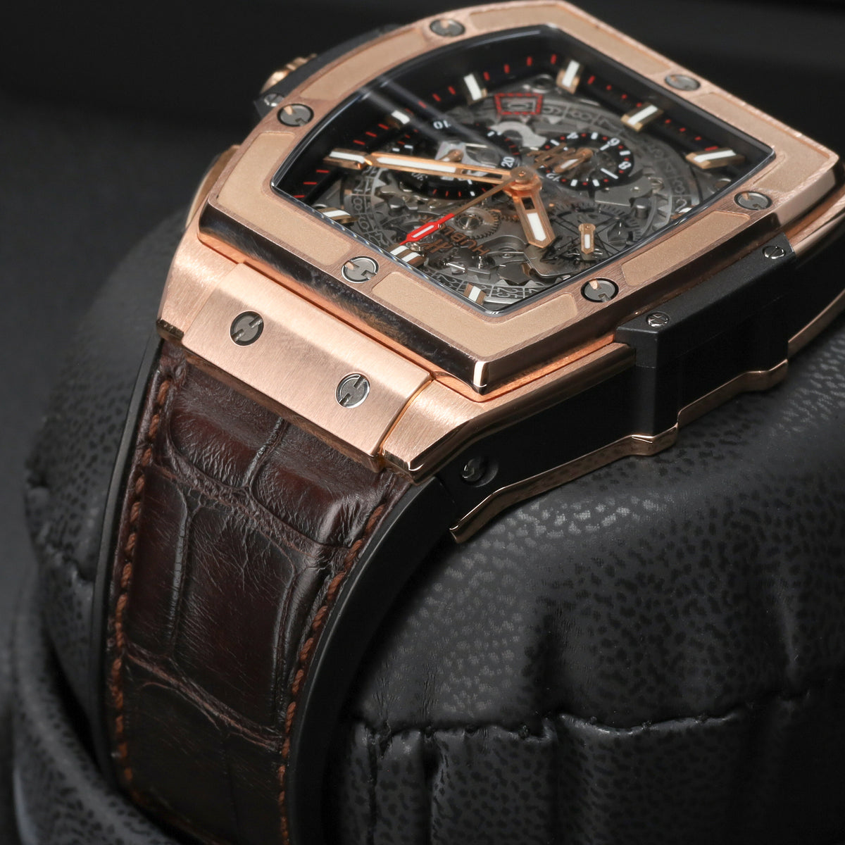 Hublot Spirit of Big Bang 45mm Rose gold Skeleton Dial Gold Fixed Bezel Brown Leather Strap with Rose Gold Folding Clasp 601.OX.0183.LR