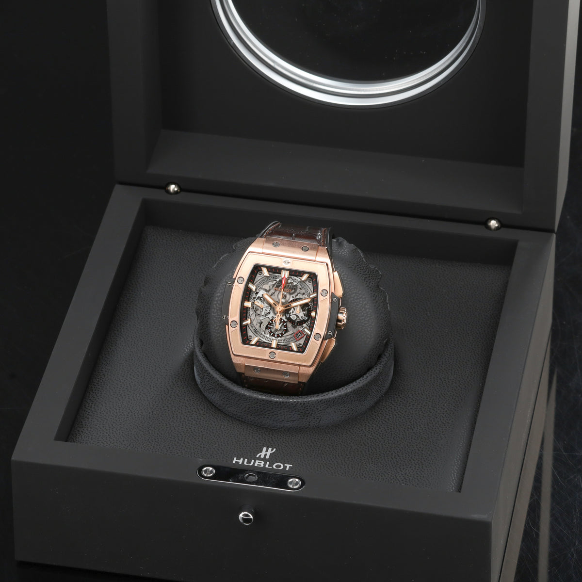 Hublot Spirit of Big Bang 45mm Rose gold Skeleton Dial Gold Fixed Bezel Brown Leather Strap with Rose Gold Folding Clasp 601.OX.0183.LR