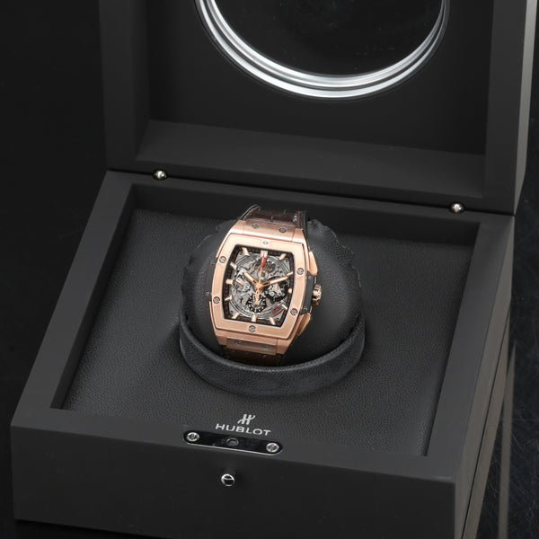 Hublot Spirit of Big Bang 45mm Rose gold Skeleton Dial Gold Fixed Bezel Brown Leather Strap with Rose Gold Folding Clasp 601.OX.0183.LR