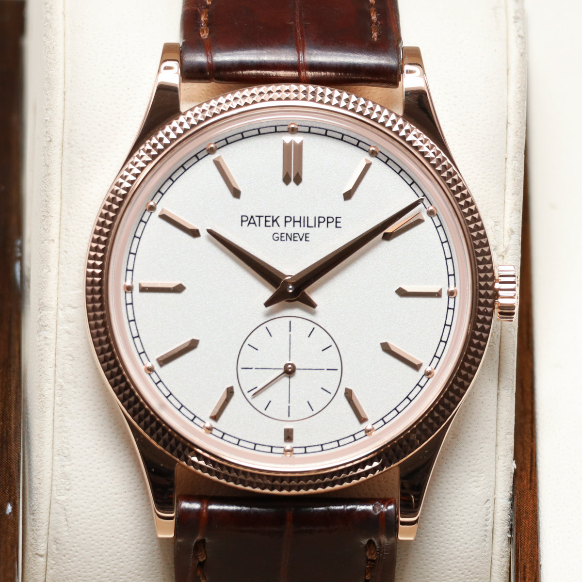 Patek Philippe Calatrava 2025 Complete 39mm 18k Rose Gold White Dial 18k Rose Gold Hobnail Bezel Brown Leather Strap 6119R