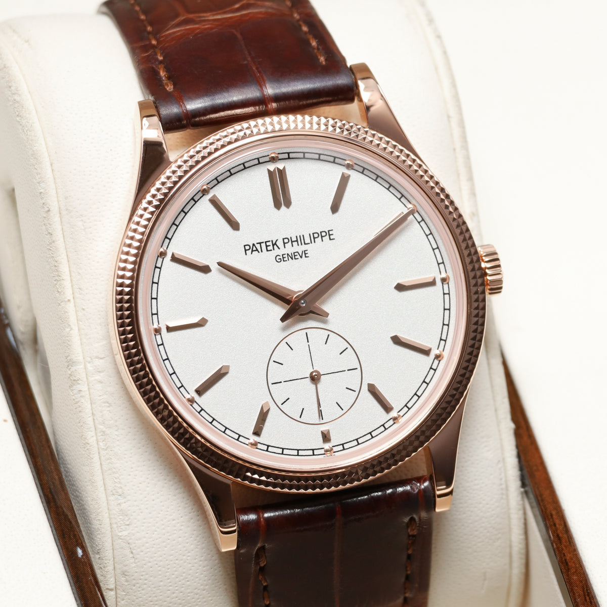 Patek Philippe Calatrava 2025 Complete 39mm 18k Rose Gold White Dial 18k Rose Gold Hobnail Bezel Brown Leather Strap 6119R