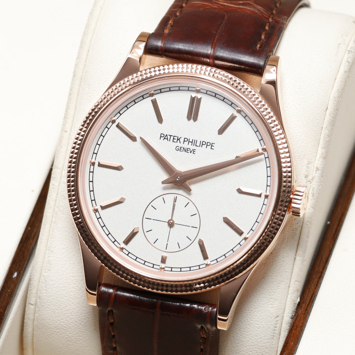 Patek Philippe Calatrava 2025 Complete 39mm 18k Rose Gold White Dial 18k Rose Gold Hobnail Bezel Brown Leather Strap 6119R
