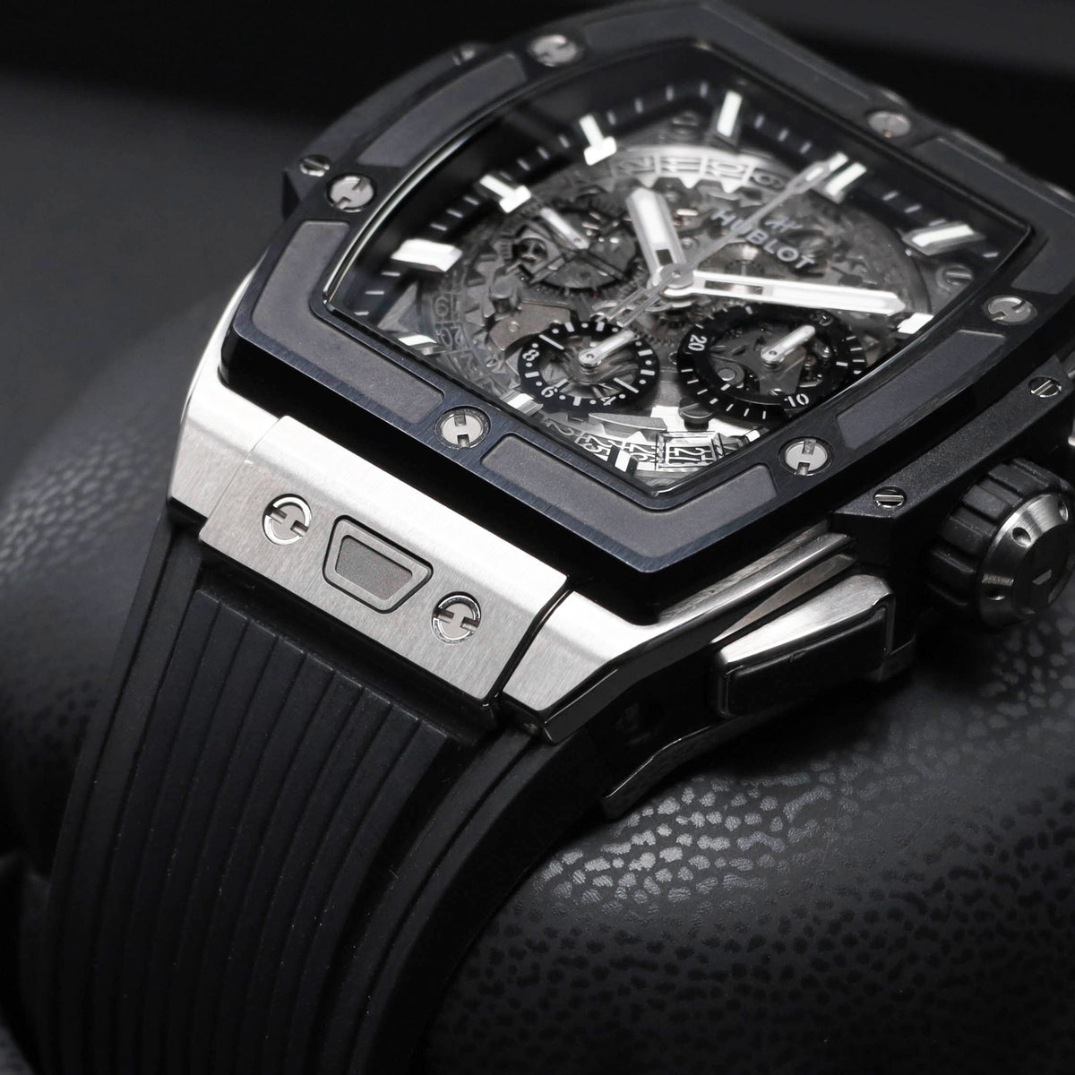 Hublot Spirit Of Big Bang 2023 42mm Titanium Skeletonized Dial Black Ceramic with Titanium Bezel Black Rubber Strap 642.NM.0170.RX