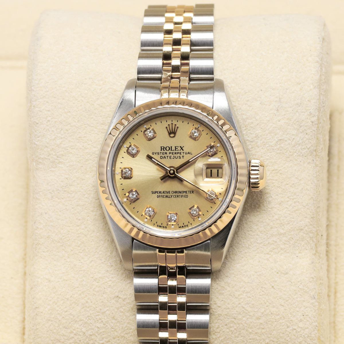 Rolex Datejust Complete 26mm Stainless Steel and Yellow Gold Aftermarket Champagne with Diamond Markers Dial Yellow Gold Fluted Bezel Two-Tone Bracelet Jubilee or Oyster 69173