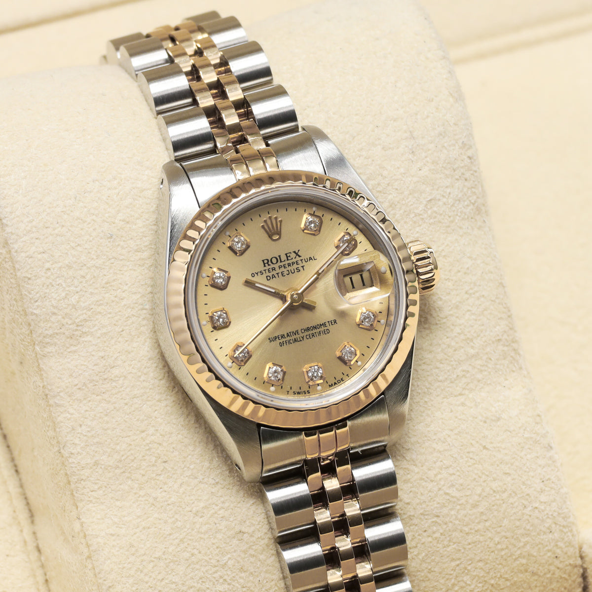 Rolex Datejust Complete 26mm Stainless Steel and Yellow Gold Aftermarket Champagne with Diamond Markers Dial Yellow Gold Fluted Bezel Two-Tone Bracelet Jubilee or Oyster 69173