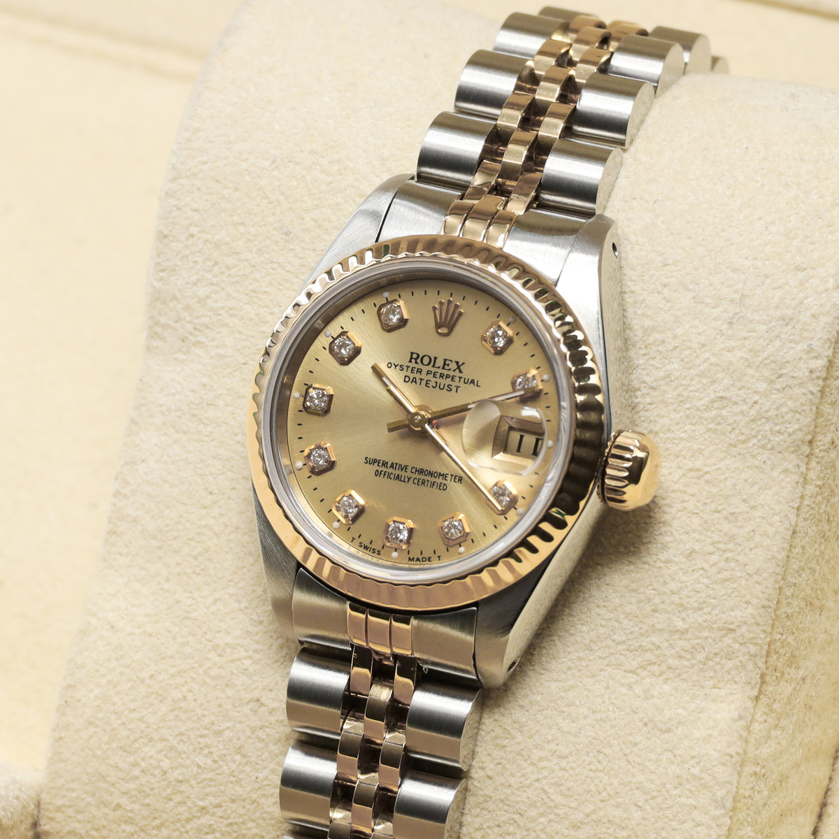 Rolex Datejust Complete 26mm Stainless Steel and Yellow Gold Aftermarket Champagne with Diamond Markers Dial Yellow Gold Fluted Bezel Two-Tone Bracelet Jubilee or Oyster 69173