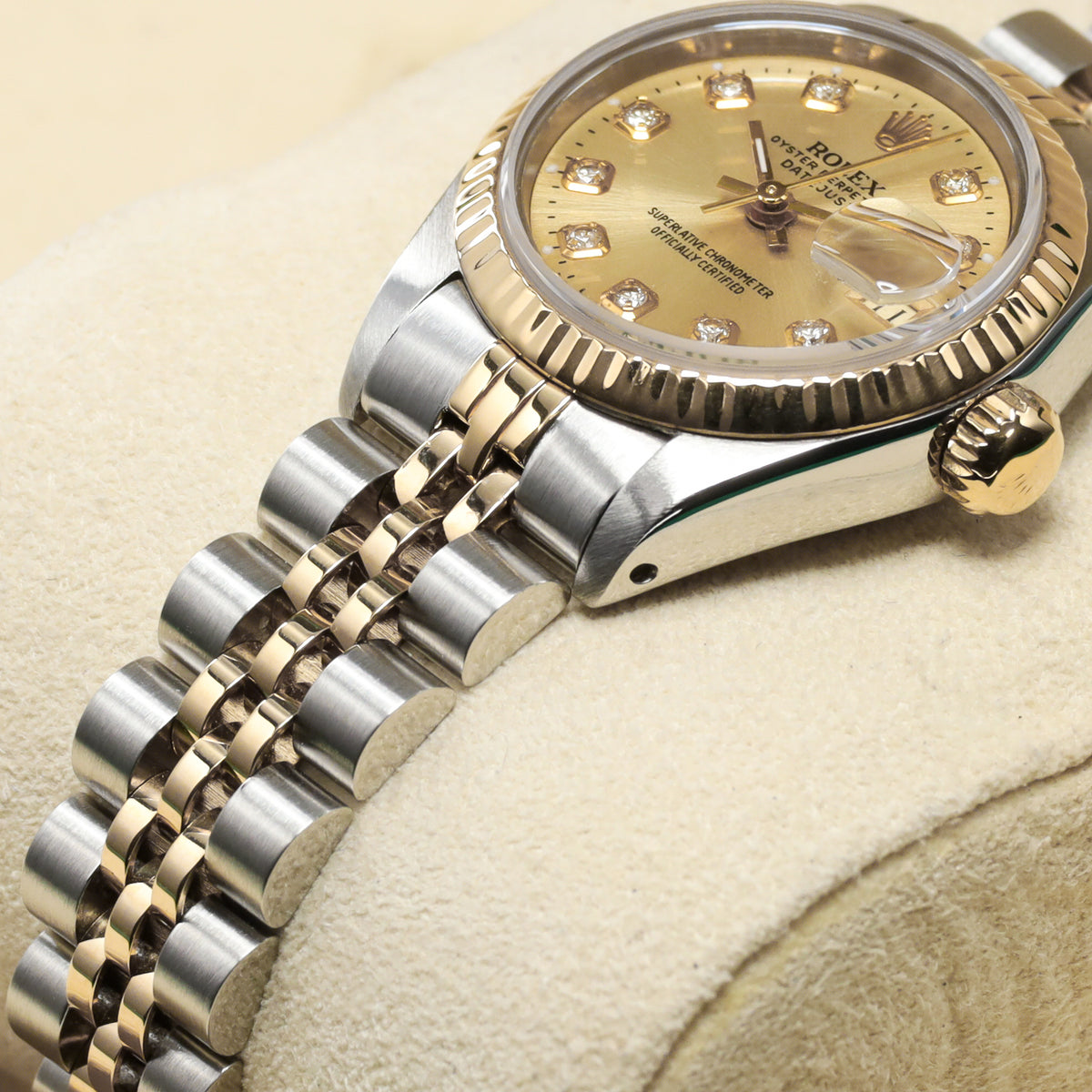 Rolex Datejust Complete 26mm Stainless Steel and Yellow Gold Aftermarket Champagne with Diamond Markers Dial Yellow Gold Fluted Bezel Two-Tone Bracelet Jubilee or Oyster 69173