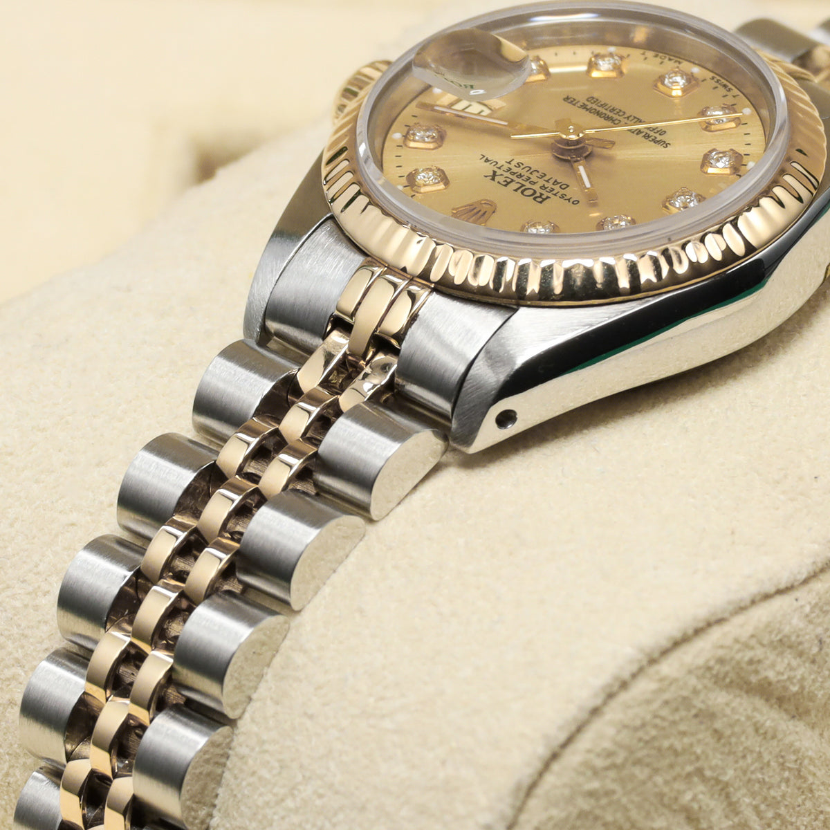 Rolex Datejust Complete 26mm Stainless Steel and Yellow Gold Aftermarket Champagne with Diamond Markers Dial Yellow Gold Fluted Bezel Two-Tone Bracelet Jubilee or Oyster 69173