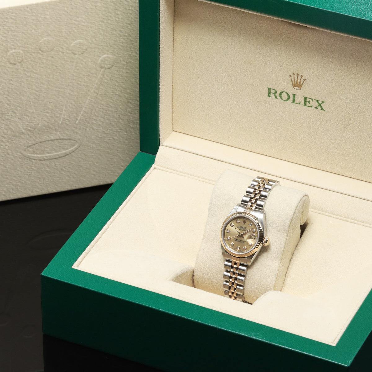 Rolex Datejust Complete 26mm Stainless Steel and Yellow Gold Aftermarket Champagne with Diamond Markers Dial Yellow Gold Fluted Bezel Two-Tone Bracelet Jubilee or Oyster 69173