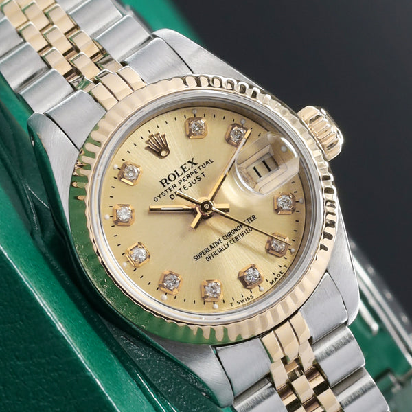 Rolex Datejust Complete 26mm Stainless Steel and Yellow Gold Aftermarket Champagne with Diamond Markers Dial Yellow Gold Fluted Bezel Two-Tone Bracelet Jubilee or Oyster 69173