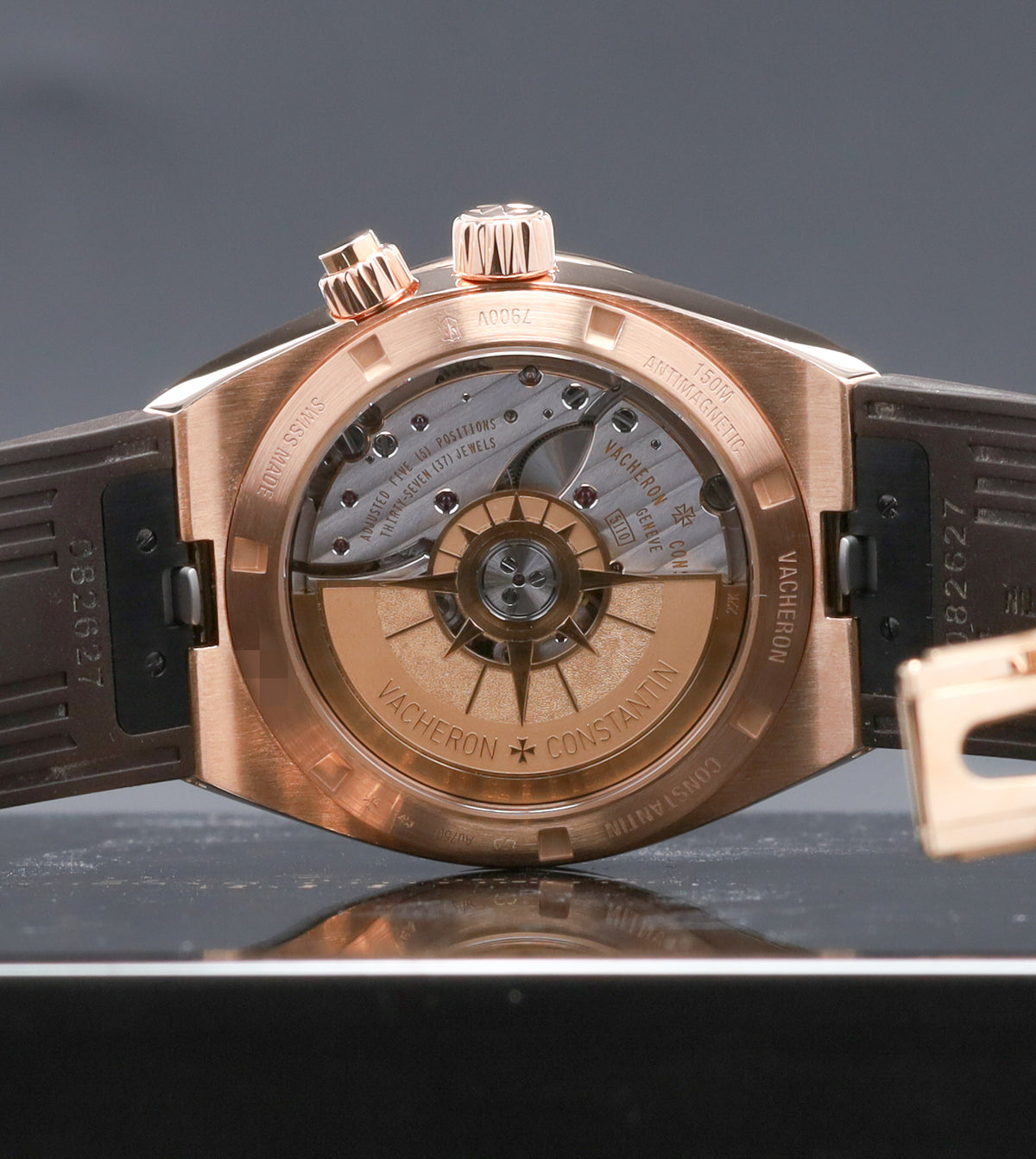 Vacheron Overseas 2020 Complete 42.5mm 18k Rose Gold Silver Sunburst Overseas Maltese Cross Inspired Bezel Black Rubber Strap 7900V