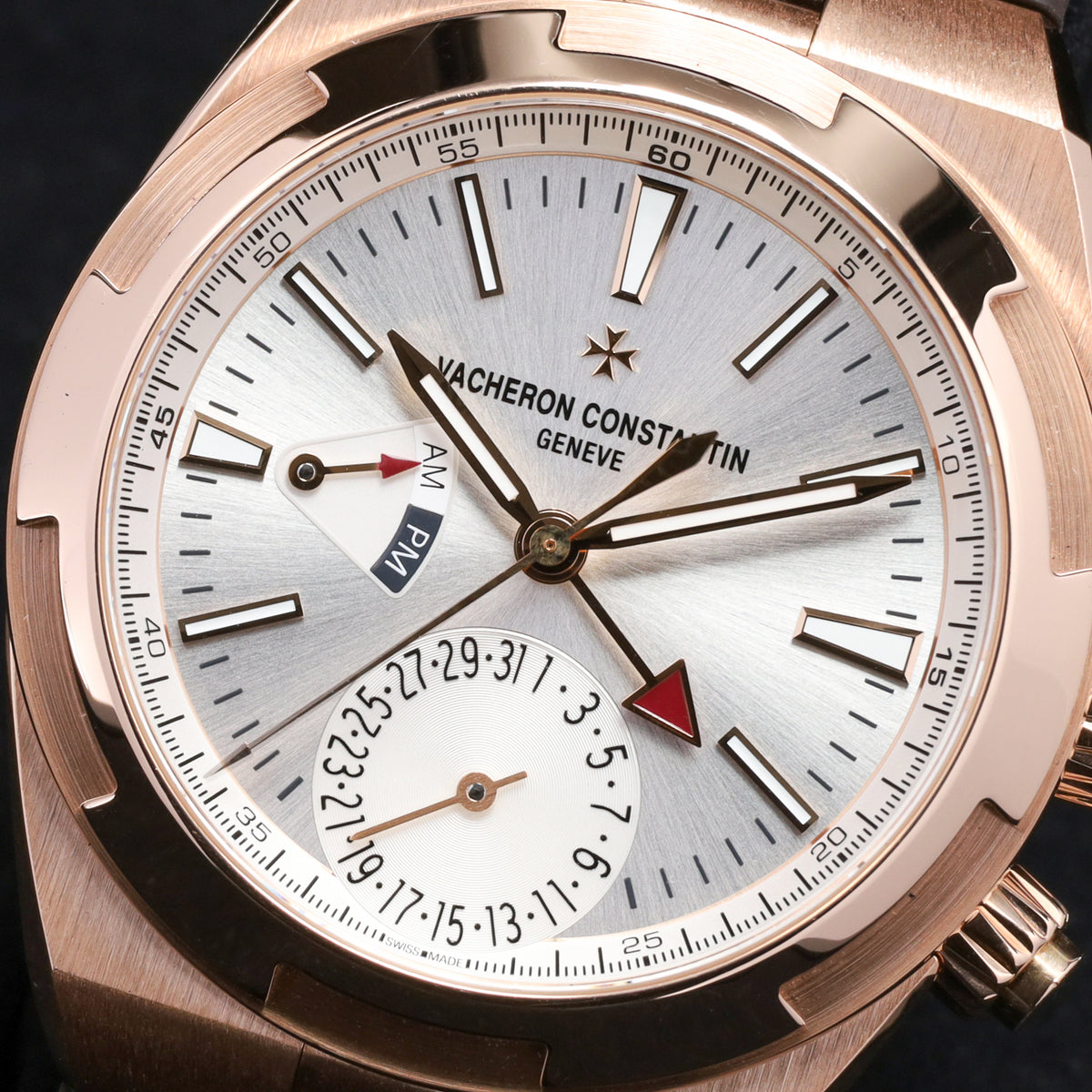 Vacheron Overseas 2020 Complete 42.5mm 18k Rose Gold Silver Sunburst Overseas Maltese Cross Inspired Bezel Black Rubber Strap 7900V