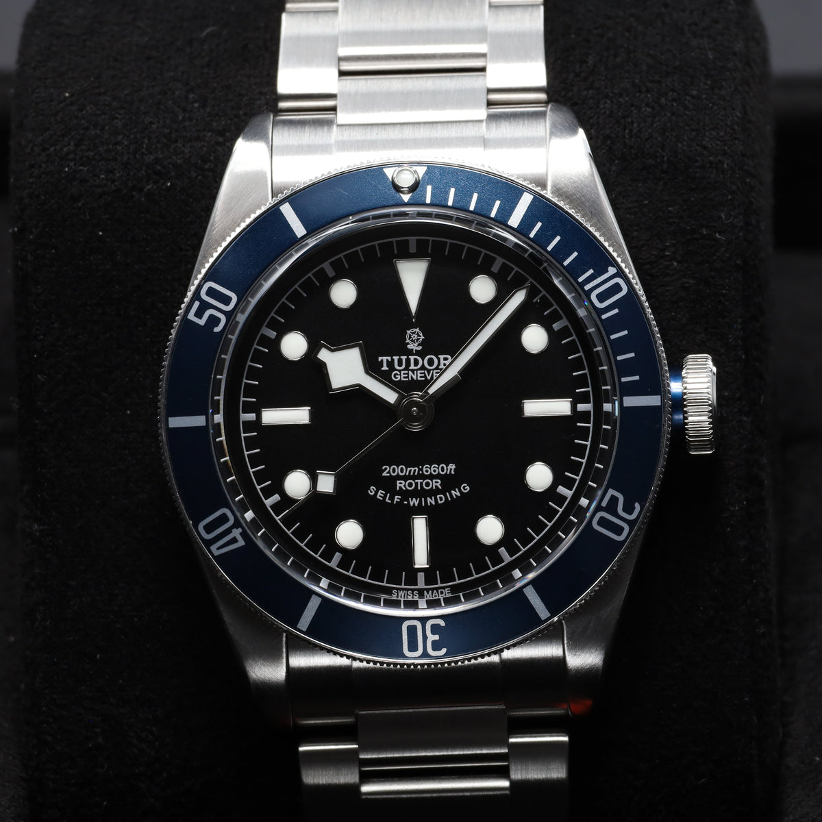 Tudor Black Bay "Blueberry" 2016 Complete 41mm Black Dial Steel Case Heritage Black Blue Bezel Stainless Steel Riveted Bracelet 79220B