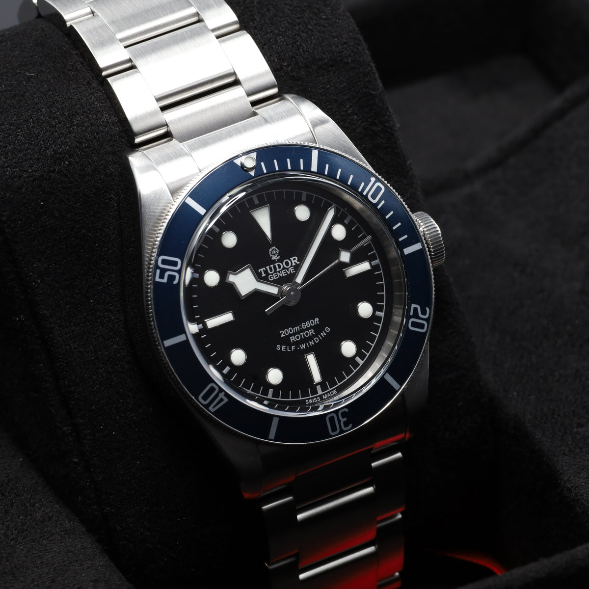 Tudor Black Bay "Blueberry" 2016 Complete 41mm Black Dial Steel Case Heritage Black Blue Bezel Stainless Steel Riveted Bracelet 79220B
