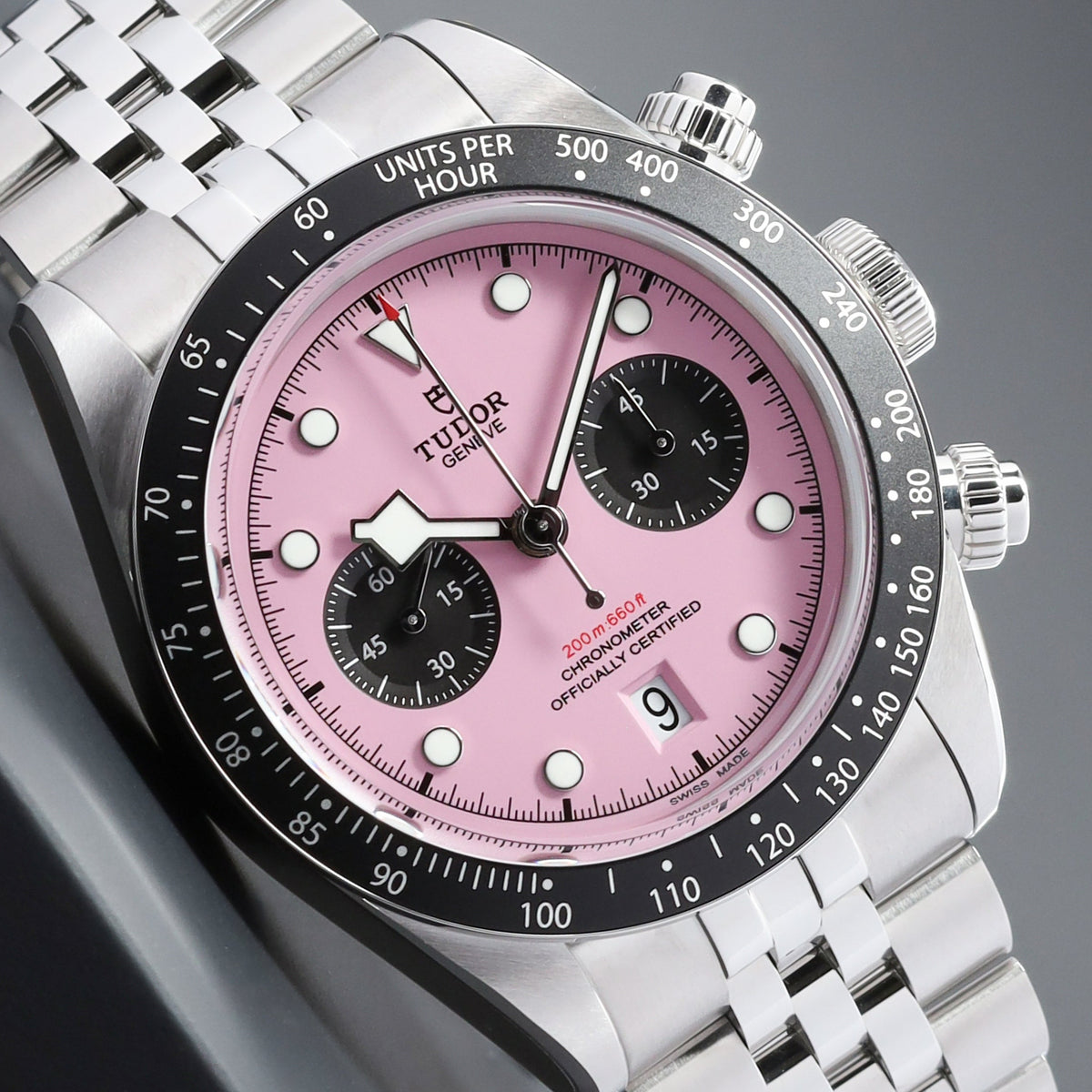 Tudor Black Bay 2025 Complete 41mm Stainless Steel Pink Dial Black Anodized Aluminum Tachymeter Bezel Jubilee-Style Bracelet 79360N