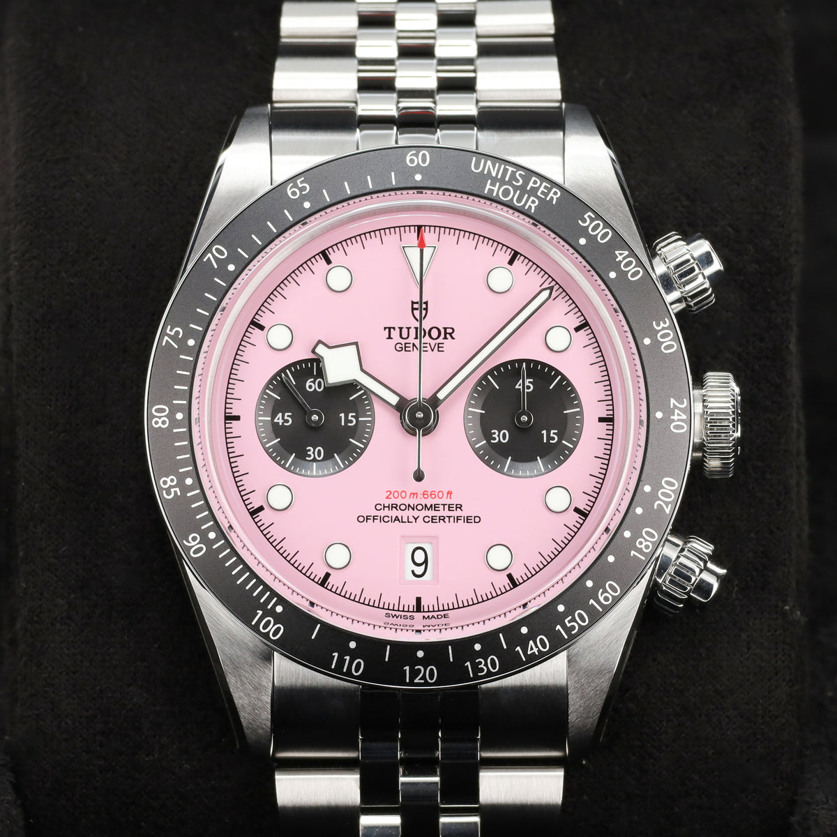 Tudor Black Bay 2025 Complete 41mm Stainless Steel Pink Dial Black Anodized Aluminum Tachymeter Bezel Jubilee-Style Bracelet 79360N