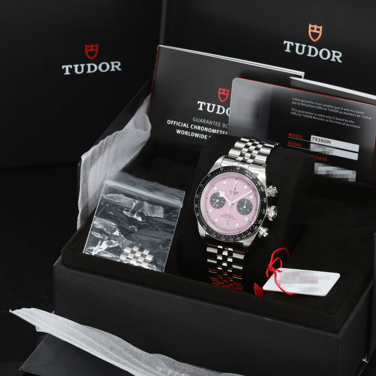 Tudor Black Bay 2025 Complete 41mm Stainless Steel Pink Dial Black Anodized Aluminum Tachymeter Bezel Jubilee-Style Bracelet 79360N