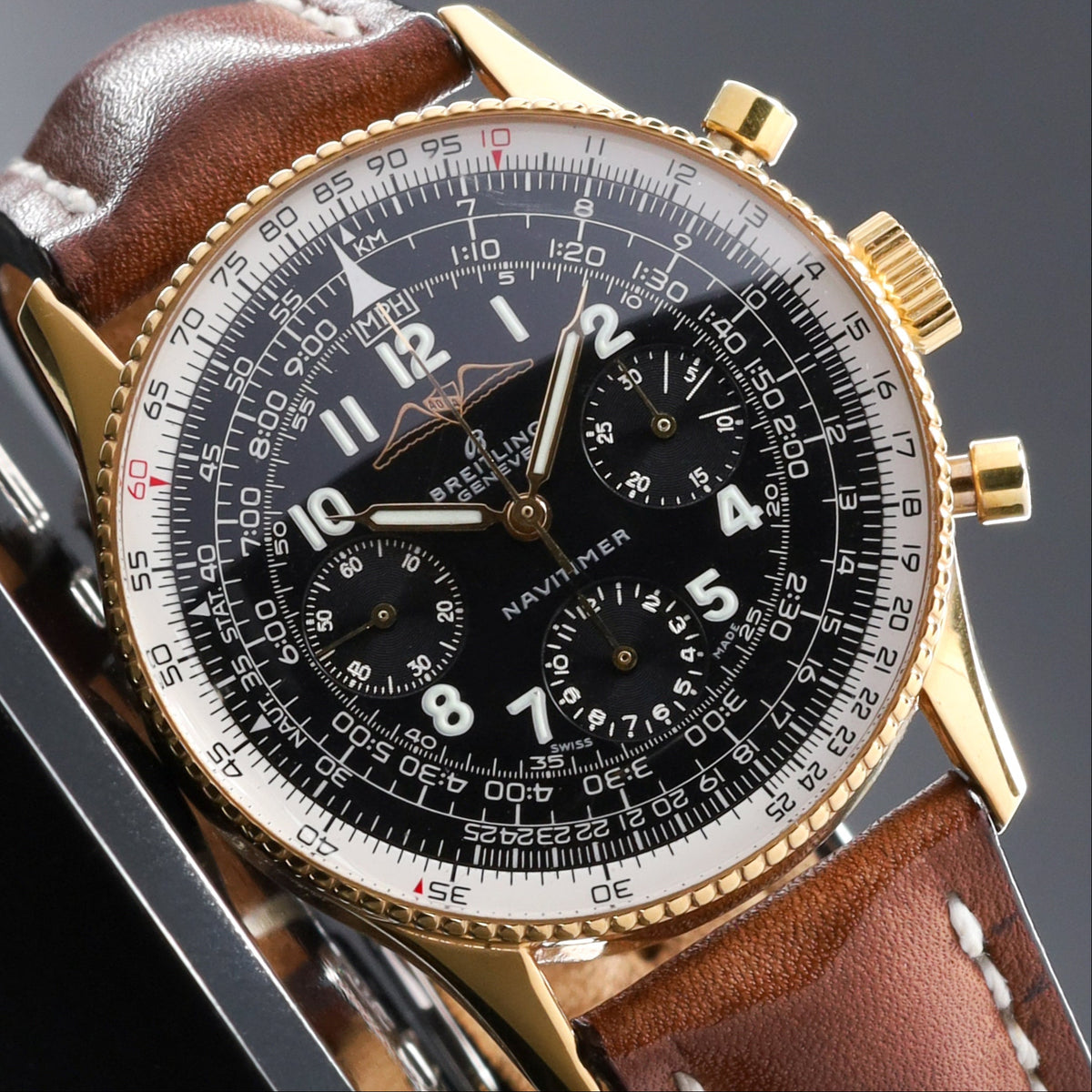 Breitling Navitimer 1959 Complete 41mm Yellow Gold Black Dial Gold Slide-Rule Bezel Leather strap 806 AOPA