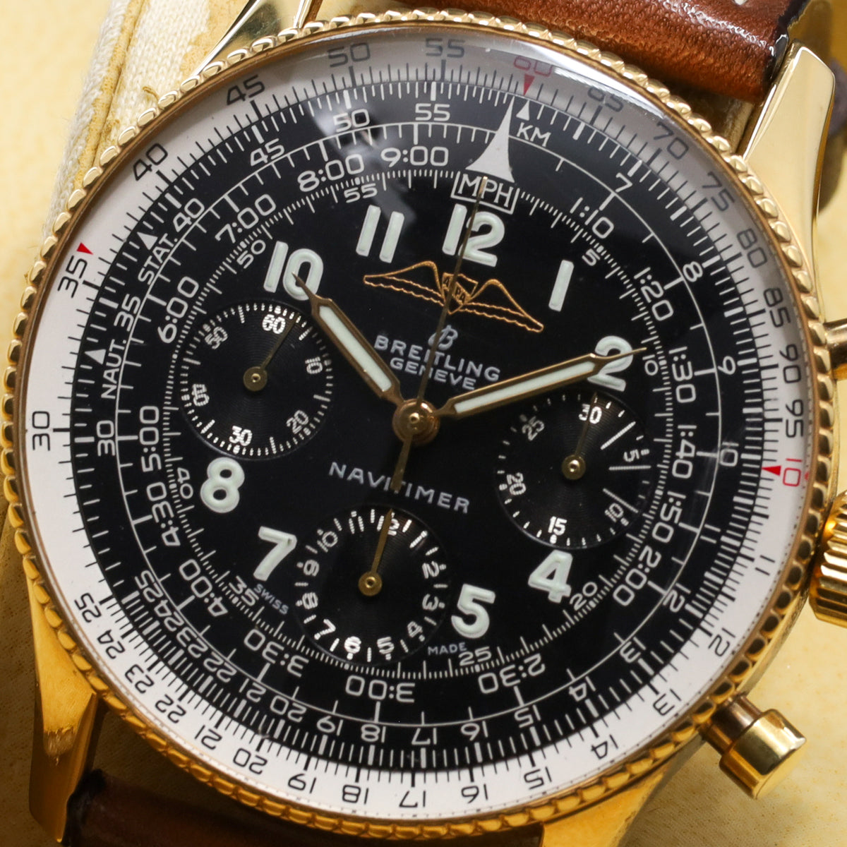 Breitling Navitimer 1959 Complete 41mm Yellow Gold Black Dial Gold Slide-Rule Bezel Leather strap 806 AOPA