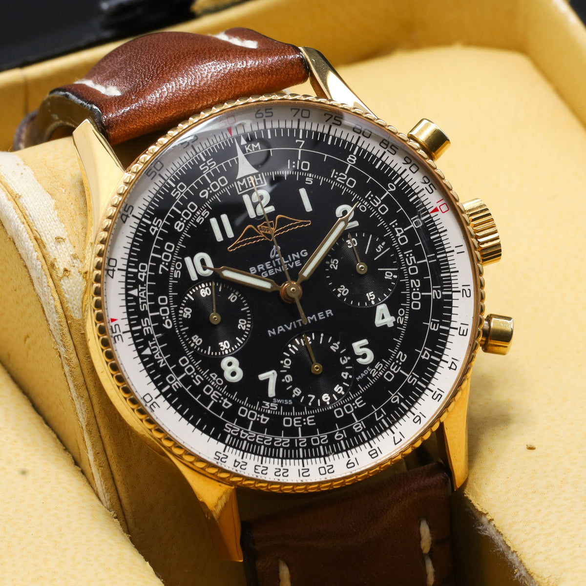 Breitling Navitimer 1959 Complete 41mm Yellow Gold Black Dial Gold Slide-Rule Bezel Leather strap 806 AOPA
