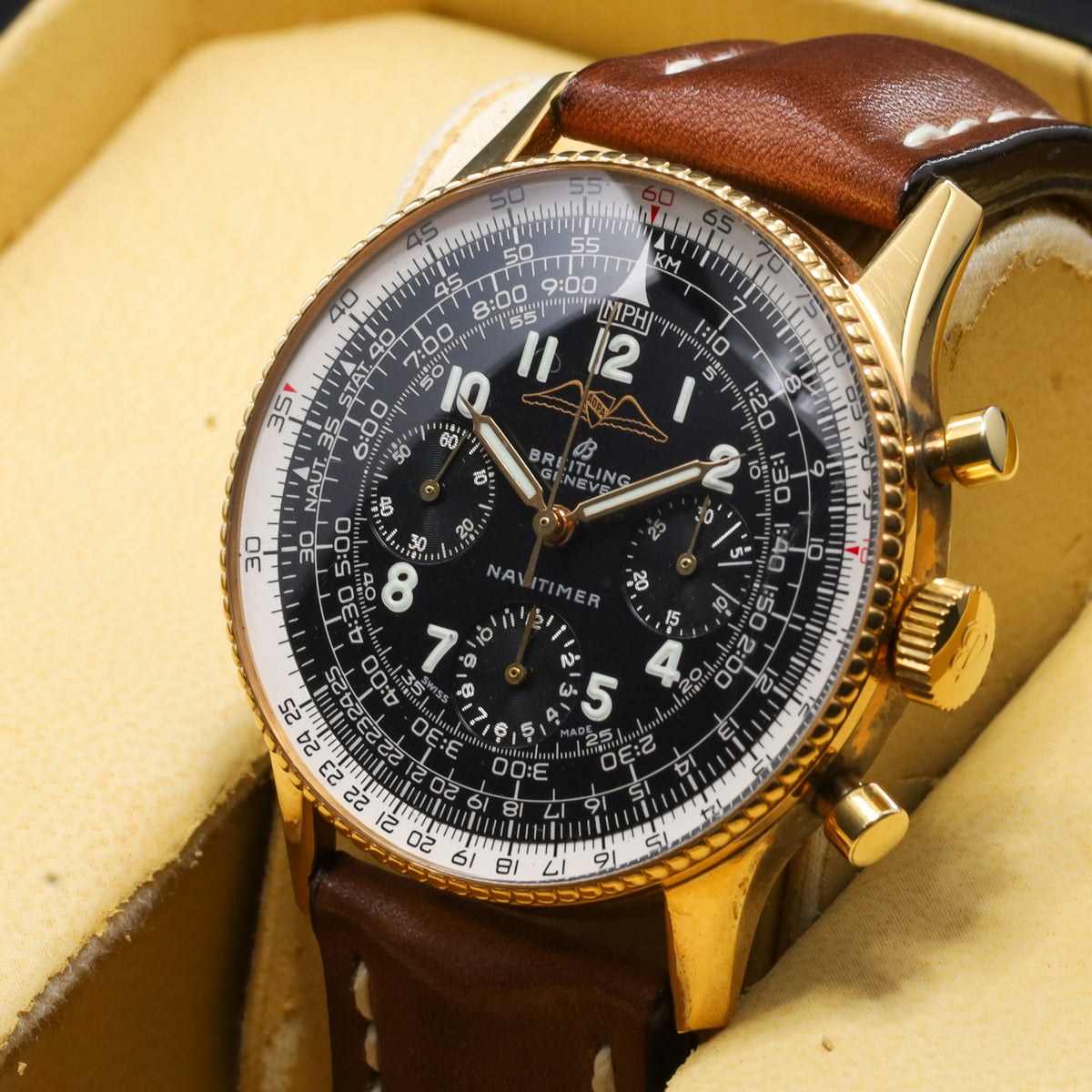 Breitling Navitimer 1959 Complete 41mm Yellow Gold Black Dial Gold Slide-Rule Bezel Leather strap 806 AOPA