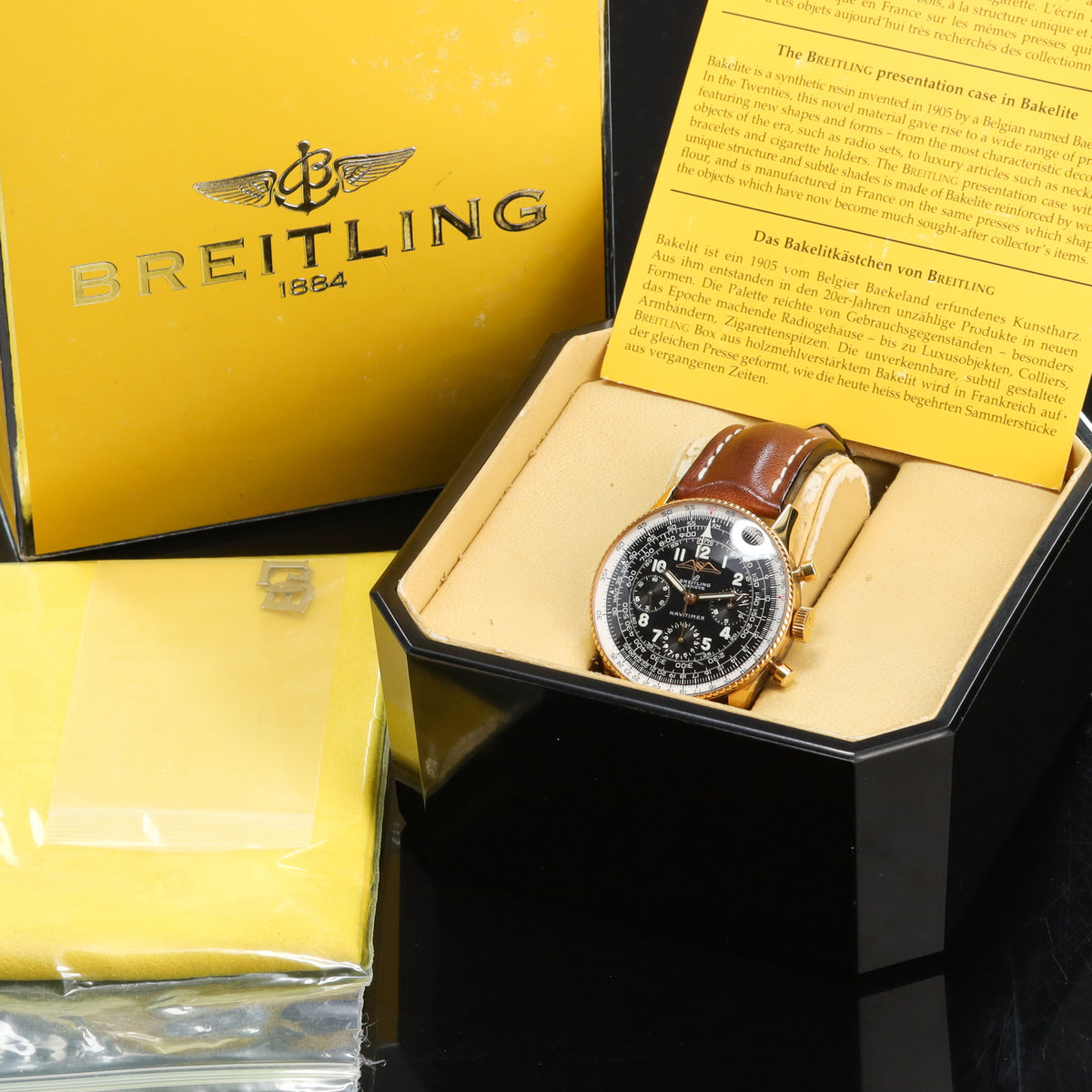 Breitling Navitimer 1959 Complete 41mm Yellow Gold Black Dial Gold Slide-Rule Bezel Leather strap 806 AOPA