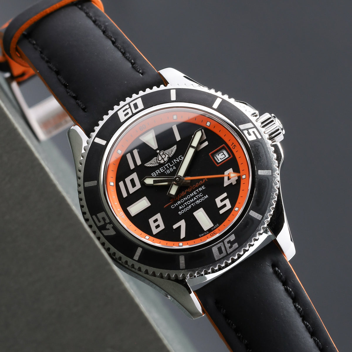 Breitling Superocean 2012 Complete 42mm Stainless Steel Orange Black Dial Matching Steel Dive Bezel Strap Bracelet A17364Y4