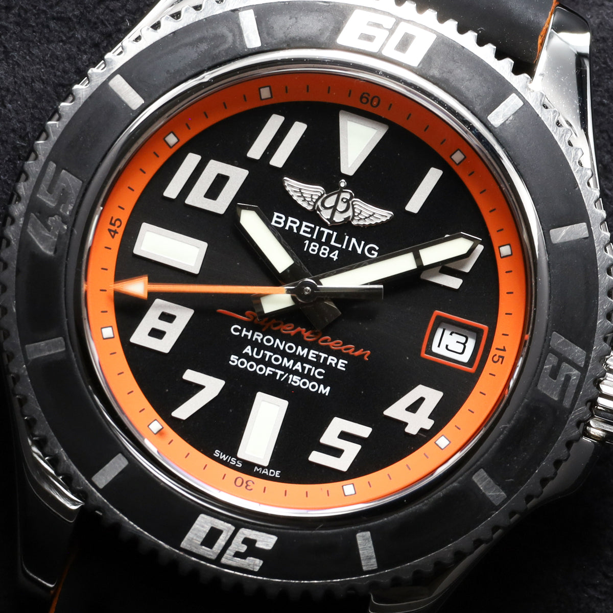 Breitling Superocean 2012 Complete 42mm Stainless Steel Orange Black Dial Matching Steel Dive Bezel Strap Bracelet A17364Y4