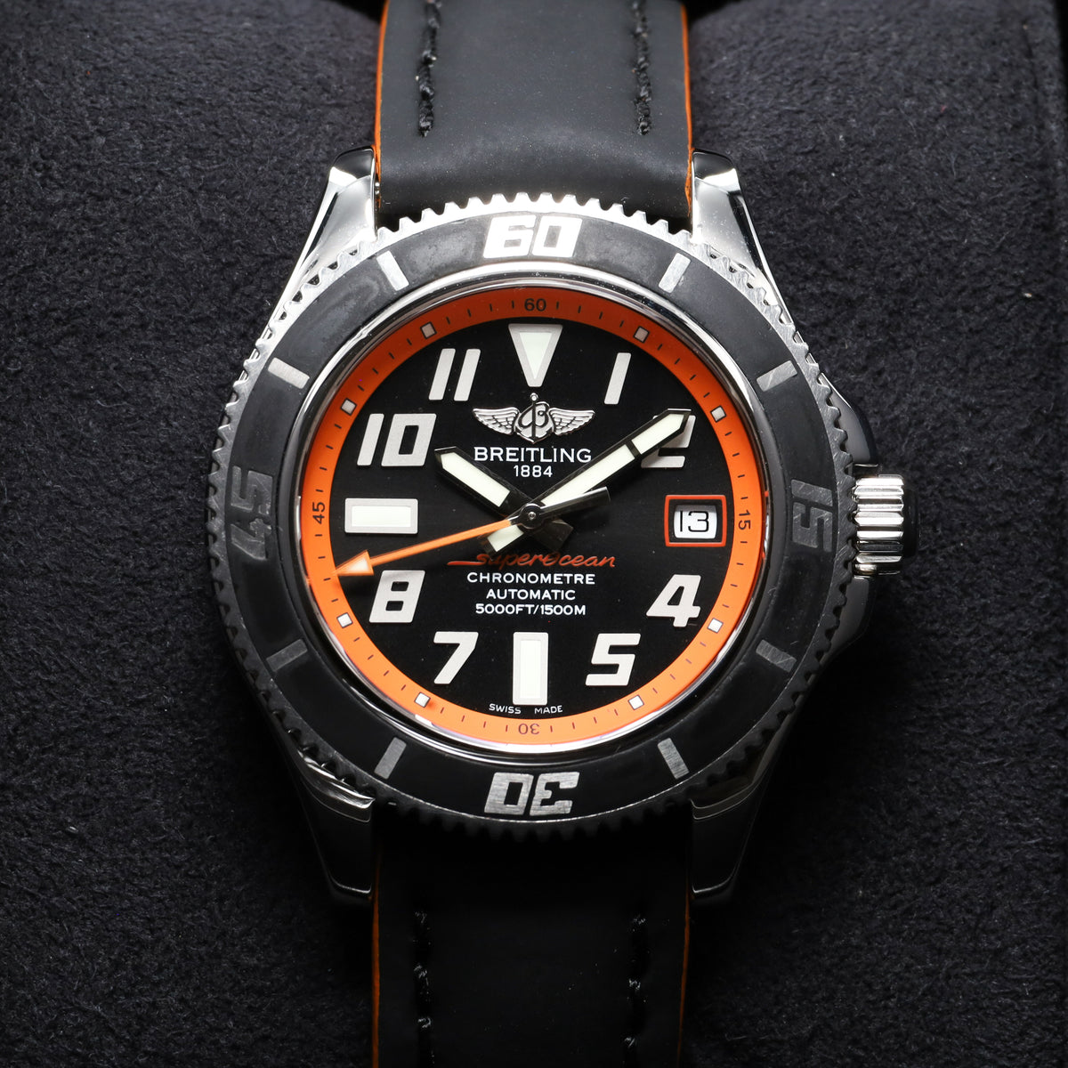 Breitling Superocean 2012 Complete 42mm Stainless Steel Orange Black Dial Matching Steel Dive Bezel Strap Bracelet A17364Y4