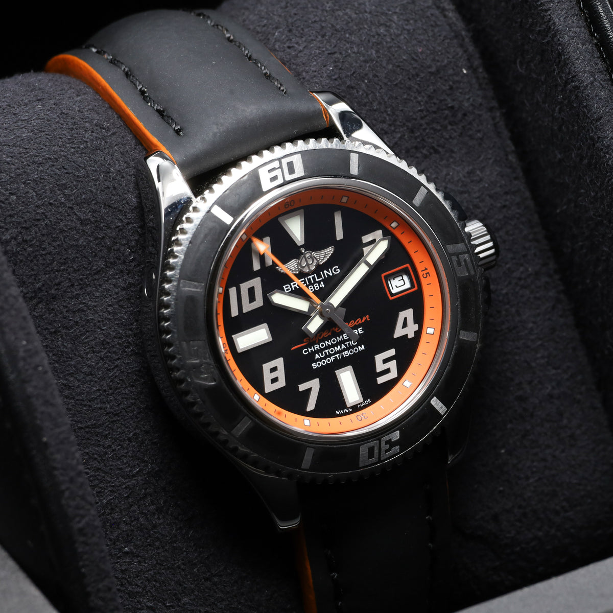 Breitling Superocean 2012 Complete 42mm Stainless Steel Orange Black Dial Matching Steel Dive Bezel Strap Bracelet A17364Y4
