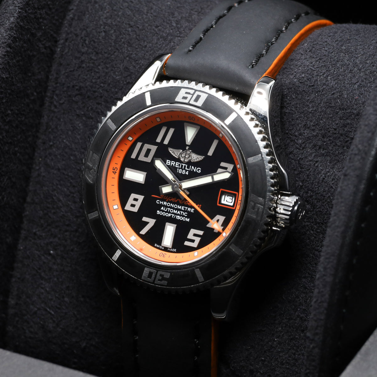 Breitling Superocean 2012 Complete 42mm Stainless Steel Orange Black Dial Matching Steel Dive Bezel Strap Bracelet A17364Y4