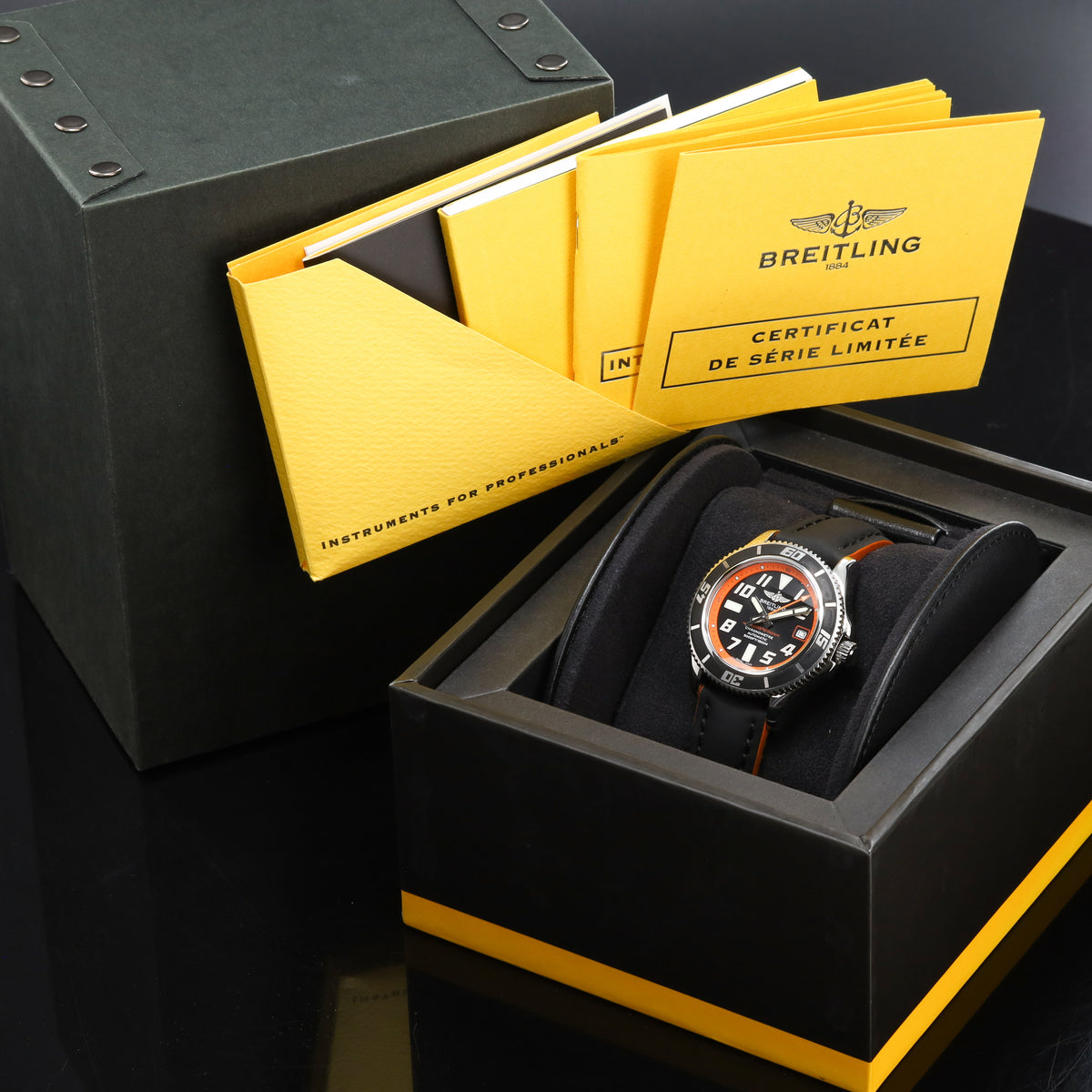 Breitling Superocean 2012 Complete 42mm Stainless Steel Orange Black Dial Matching Steel Dive Bezel Strap Bracelet A17364Y4